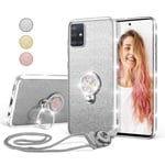 UEEBAI Case For Samsung Galaxy A71, Glitter Soft TPU Case with Shining Diamond 360 Degree Rotatable Ring Kickstand Ultra Slim Shockproof with Lanyard for Samsung Galaxy A71 - Silver