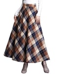 ebossy Women's Vintage High Waist Wool Blend Plaid A-Line Long Maxi Skirt with Pocket - Beige - Medium