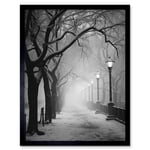 Snow Covered Street in the Misty Glow of Light Posts Atmospheric Black and White Photograph Winter Scene Art Print Framed Poster Wall Decor 12x16 inch