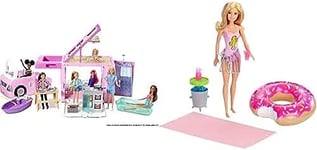 Barbie Mobilier Camping-Car de Rêve 3-en-1 pour poupées, véhicule Transformable avec Piscine + Mobilier Coffret Journée Piscine, poupée Blonde en Maillot de Bain, bouée Donut et Accessoires