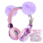 Kids Headphones Wireless, Girls Bluetooth Headphones w/Fluffy Ear, Adjustable Children Headphones Over Ear Headphones with Mic for Teens/iPhone/iPad, w/Unicorn Gift Box for Birthday Xmas (purple)