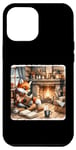 iPhone 13 Pro Max Fox Reads By Fireplace In Cabin. Rustic Book Cozy Cup Tea Case
