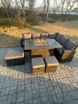High Back Rattan Garden Furniture Sets Gas Fire Pit Dining Table  Right Corner Sofa Small Footstools Chair 9 Seater