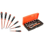Bahco 202.032 Tekno+ VDE Insulated Safety Screwdriver Set, 7 Pieces & SL25 Ratchet Socket Set, Metric 1/4" Drive, 25 Pieces