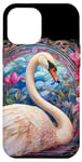 Coque pour iPhone 12 Pro Max Blanc cygne oiseau fleurs roses bleu vitrail portrait art