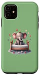 Coque pour iPhone 11 Vert Adorable bébé éléphant assis sur fond floral