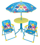 FUN HOUSE Baby Shark Salon de Jardin pour Enfant avec Une Table H.46 x Ø46 cm, Deux chaises H.53 x L.38,5 x P.37,5 cm et Un Parasol H.125 x Ø 100 cm 713462, Multicolore