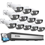 ZOSI 5MP PoE Kit Caméra de Surveillance, 12pcs 5MP Caméra + 16CH 4K NVR HDD de 4 to, Audio Bidirectionnel, Vision Nocturne Couleur,