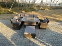 High Back Rattan Garden Furniture Sets Gas Fire Pit Dining Table  Left Corner Sofa Big Footstools Chair 8 Seater
