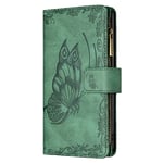 Multi-Function Leather Wallet Case for Xiaomi POCO M3 Pro/Redmi Note 10 5G Phone, Anti-Drop Protective Case with Zip, Folding Butterflies Free Green