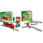 LEGO 10874 DUPLO Town Steam Train for Toddlers, Light & Sound, Push & Go Battery Powered Toy for Kids Age 2-5 & 10882 DUPLO Town Train Tracks Building Set with Red Action Brick