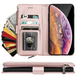 Funow Flip Case Wallet Case for iPhone Xs Max 6.5 Inch with Credit Card Holder Shockproof Premium PU Leather Anti-Scratch Zipper Pocket Magnetic Clasp for iPhone Xs Max 6.5 Inch(Rose Gold)