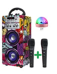 DYNASONIC - (3a Gen Enceinte Bluetooth Portable avec Mode karaoké et Microphone, Radio FM et Lecteur USB SD (modèle 12, lumière Disco Pack)