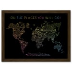 World Travel Landmark Line Map Oh The Places You Will Go! Rainbow Black Artwork Framed Wall Art Print A4