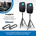 Kam RZ15ABT 15" Active Powered DJ PA Speakers Bluetooth MP3 with Stands & Cables