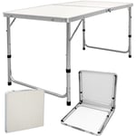 Table Pliante de Jardin Camping avec Poignée - 120x60x55/63/70 cm - Blanc/Crème - en Aluminium/MDF - Hauteur Réglable - Table Pique-nique Barbecue