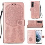 Molg Compatible with Samsung Galaxy S21+/S21 Plus 5G Case PU Leather Dreamcatcher Pattern Embossed Flip Cover [Wrist Strap] [Card Holder] [Magnetic Closure] Anti-Scratch Shockproof Case-Rose Gold