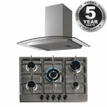 SIA 70cm Stainless Steel 5 Burner Gas Hob And Curved Glass Cooker Hood Extractor