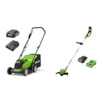 Greenworks 24V Cordless Lawnmower with Brushless Motor for Smaller Lawns up to 140m², 33cm Cutting & 24V Cordless Strimmer Wheeled Lawn Edger for Small to Medium Gardens, 30cm Cutting Width