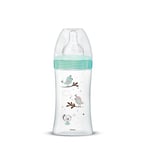 Dodie - Biberon Anti-Colique Initiation+ Verre, Vert Oiseau, 270ml, 0-6 mois, Tétine ronde, Débit 2