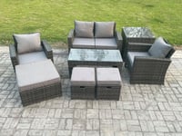 7 Seater Outdoor Rattan Garden Furniture Set Patio Lounge Sofa Set with Coffee Table 3 Footstools Side Table Dark Grey Mixed