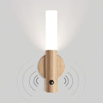 Trådlös LED-vägglampa i trä, batteridriven vägglampa inomhus, rörelsesensor, batteridriven, USB-laddningsbar, magnetisk, varmvit [Energiklass E] Ash wood color