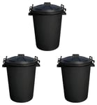 Set of 3 Plastic 50L Dustbin Heavy Duty Storage Kitchen Home Locking Lid, Black