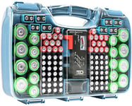 The Battery Organizer Étui de rangement avec couvercle transparent à charnière, avec testeur amovible, peut contenir 180 piles de différentes tailles (bleu clair)