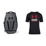 Under Armour Unisex Hustle 5.0, Durable and comfortable water resistant backpack, spacious laptop backpack & UA GL Foundation Short Sleeve Tee, Black/White/Red, L