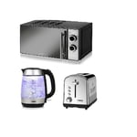 Tower Housewares 20L Black Mirrored Manual Microwave 1.7L 3kW Glass LED Kettle & 2 Slice toaster
