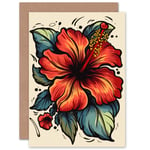 Red Hibiscus Old School USA Tattoo Ink Birthday Thank You Blank Greeting Card