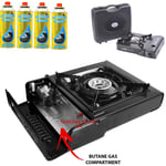 Portable Single Burner Hob Camping Gas Stove Cooker With 4x Butane Gas Canister