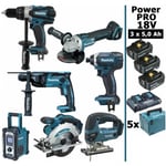 Pack Makita Power PRO 7 outils 18V: DDF458 + DHR202 + DGA504 + DTD152 + DJV180 + DSS610 + DMR108 + 3 batt 5Ah + 5 Coffrets