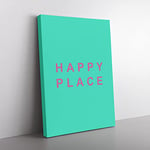 Happy Place Teal Typography Teal Blue Canvas Wall Art Print Ready to Hang, Framed Picture for Living Room Bedroom Home Office Décor, 50x35 cm (20x14 Inch)