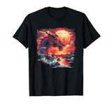 mythical fierce red Asian dragon lake night sky moon stars T-Shirt