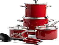 KitchenAid Steel Core Enamel 10 Piece Cookware Set with Lids, German Engineered Enamel, Induction, Oven Safe, Empire Red