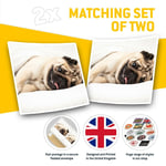 2 x Square Stickers 10 cm - Funny Sleepy Pug Dog in Bed Cool Gift #16792