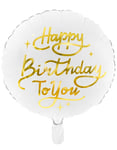 Grattis på födelsedagen - Rund vit folieballong med guldbokstäver 35 cm