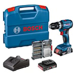 Bosch Professional 18V System perceuse-visseuse à percussion sans-fil GSB 18V-45 (vitesse de rotation 1 900 tr/min, 2 batteries 2,0 Ah, GAL 18V-20, L-Case) - 06019K3307, Blue