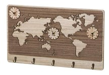 DRW Porte-manteau avec horloge carte du monde avec 3 horloges en bois 60 x 3,80 x 35 cm