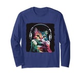 Funny Colorful Cat with Headphones For Cat Lover Long Sleeve T-Shirt