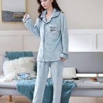 Clothingloves Blue 2 Pcs Thicken Women Warm Flannel Pajamas Set Sleepwear