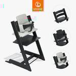 STOKKE® Tripp Trapp® Matstol bok svart inkl. dyna Nordic grey och Baby Set V2 svart