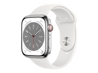 Apple Watch Series 8 (Gps + Cellular) - 45 Mm - Rostfritt Stål I Silver - Smart Klocka Med Sportband - Fluoroelastomer - Vit - Bandstorlek: Standard - 32 Gb - Wi-Fi, Lte, Bluetooth, Uwb - 4G - 51.5 G