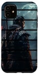 Coque pour iPhone 11 rétro samouraï ninja guerrier nuit lune montagne temple arbres