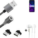 Magnetic charging cable + earphones for Lenovo Legion Phone Duel 2 + USB type C 