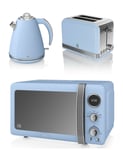 NEW Swan Kitchen Appliance Retro Set - BLUE Digital 20L Microwave, BLUE 1.5 Litre Jug Kettle & BLUE Retro Stylish 2 Slice Toaster Set