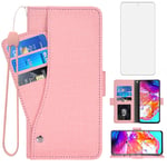 Asuwish Compatible with Samsung Galaxy A71 5G Wallet Case Tempered Glass Screen Protector and Leather Flip Cover Card Holder Stand Cell Accessories Phone Cases for Glaxay A 71 G5 Gaxaly 71A S71 Pink