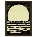 Doppelganger33 LTD Retro Moonrise Over Sea Black And White Linocut Illustration Artwork Framed A3 Wall Art Print