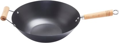 Penguin Home Carbon Steel Non Stick Wok with Sturdy Wooden with Helper Handle | 35cm Wide | Chinese Traditional Wok | Stir Fry at High Temperature | Flat Base for Balance | Induction Safe, Black